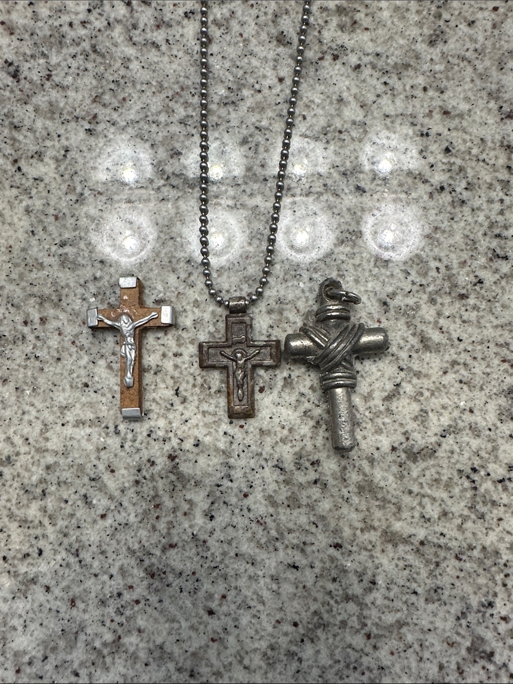 Antique Religious Cross Pendant Necklace - Silver and Brown